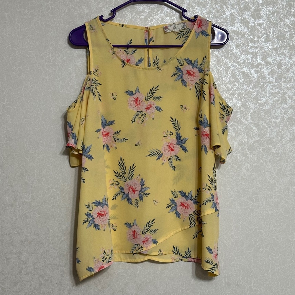 Pink Rose Cold Shoulder Floral Blouse Flutter Sleeve Yellow Cottagecore Boho XL‎
